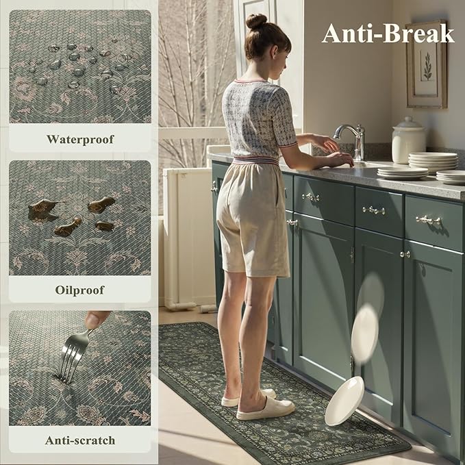 KIMODE Comfort Kitchen Mats for Floor Cushioned Anti Fatigue,Boho Vintage Kitchen Rugs Sets of 2 Non Slip,Memory Foam Kitchen Floor Mat Carpet for Laundry Office Home Decor,Dark Green