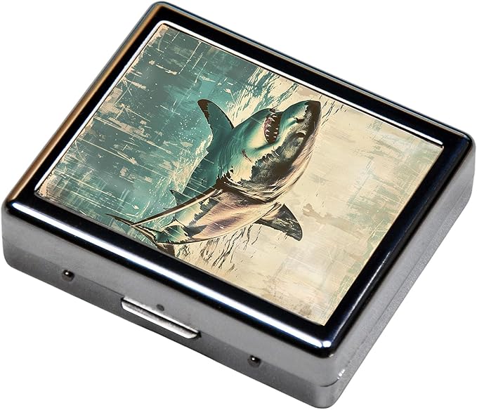 7 Days Chromed Shiny Silver Pill Organizer with Mirror Inside Has 8 Separate Compartments Rectangle 7 Days Pill Box Pill Case (Shark)