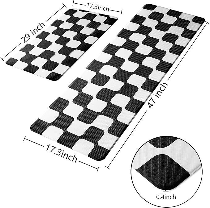 Black Retro Curvy Checkered Grid Checkerboard Kitchen Rug Sets [2 PCs], Anti-Fatigue, Waterproof Non-Slip Kitchen Mats Heavy Duty Ergonomic Comfort Foam Rug for Floor, Home, Laundry,17"x29"+17"x47"