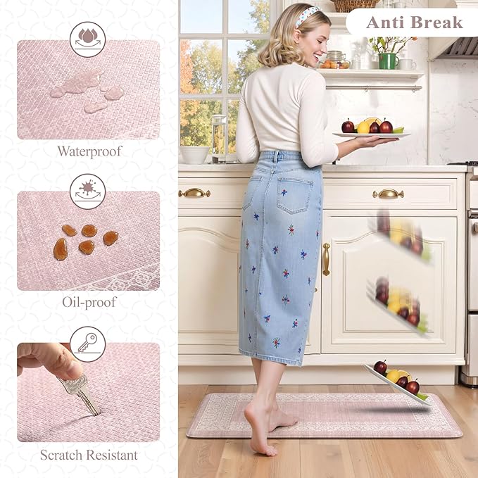 LEEVAN Pink Kitchen Mat Sets of 2,Anti Fatigue Cushioned Memory Foam Kitchen Mats for Floor,Farmhouse Ergonomic Waterproof Cute Boho Kitchen Floor Mat,Sink,Laundry,Home,Office(17''x29''+17''x47'')
