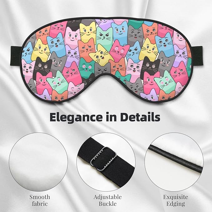 Cute Colorful Cartoon Cat Sleep Mask Eye Mask with Adjustable Strap Eye Sleep Shade Cover Blocks Light for Women Men Airplane Travel Nap