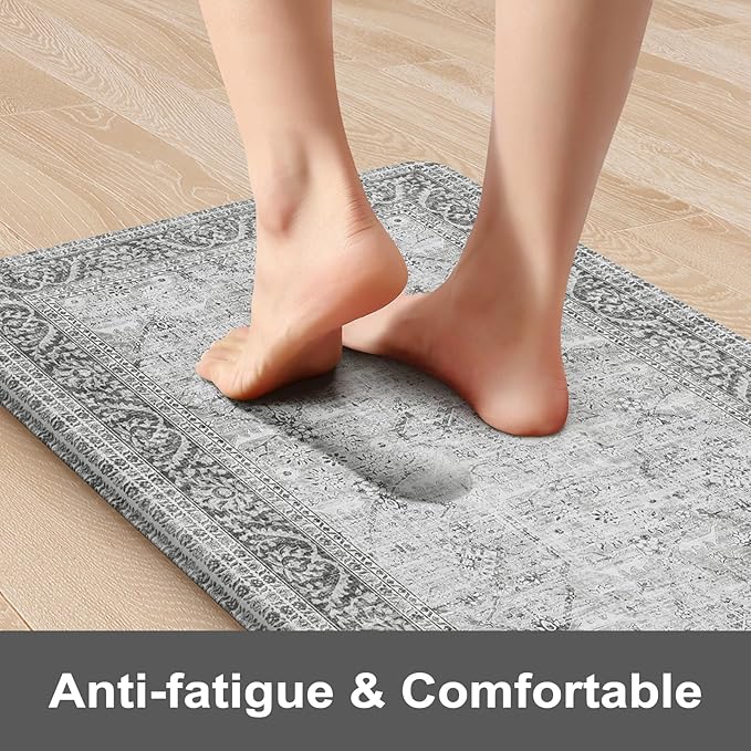 KIMODE Anti Fatigue Kitchen Mat 2PCS,Waterproof Farmhouse Kitchen Rugs Non-Slip,Vintage Grey Kitchen Mat for Floor,Cushioned Comfort Foam Standing Mat for Laundry,Office,Sink,Desk