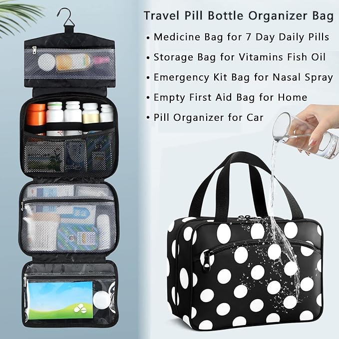 Naanle Pill Organizer Bag Travel Pill Bottle Medicine Organizer Home Storage Medication Bag for Vitamin Supplements, Black and White Polka Dots Empty First Aid Bag for Car Camping, 1.0 Count