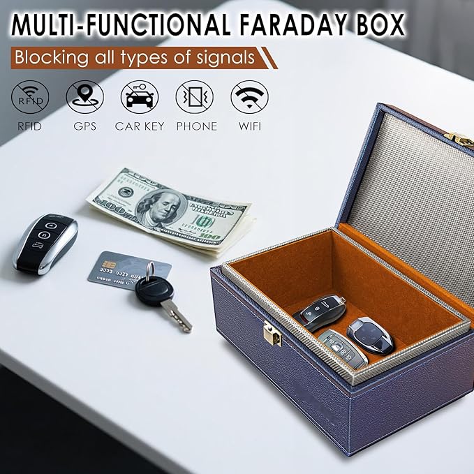 Faraday Box for Car Keys, Faraday Key Fob Protector Box, Anti Theft Car Keys Faraday Cage, Keyless Entry Protector Faraday Pouch for key fob, RFID Signal Blocking Box(Blue,S)