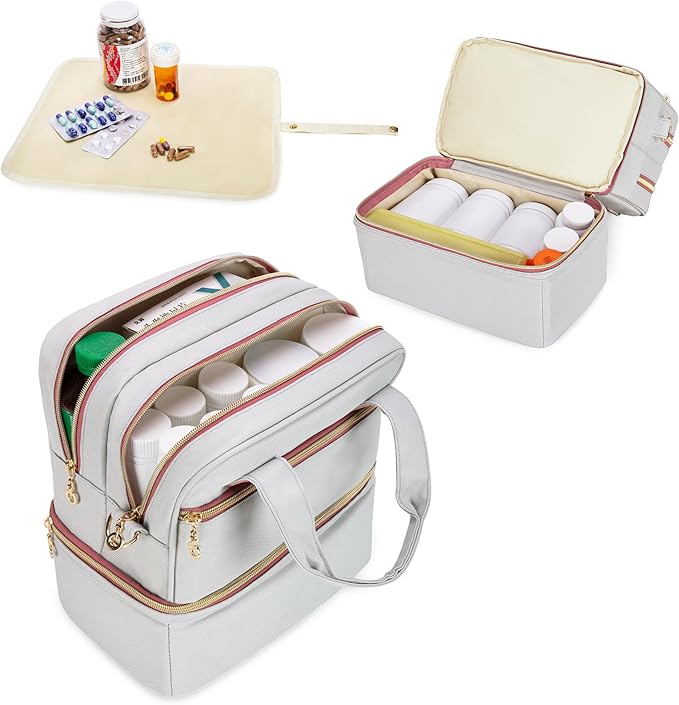 Damero Double Layers Pill Bottle Organizer, Medicine Storage Bag with Detachable Shoulder Strap, Medicine Travel Bag with Waterproof Mat for Large Prescription Bottles, Medical Supplements