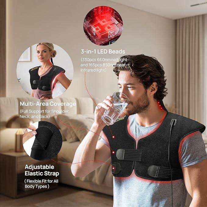 Red Light Therapy Pad for Neck Shoulder Back Pain Relief, Infrared Light Therapy Heating Warp for Upper Back, 165LEDs 3-in-1 Chip，660nm&850nm(Black)