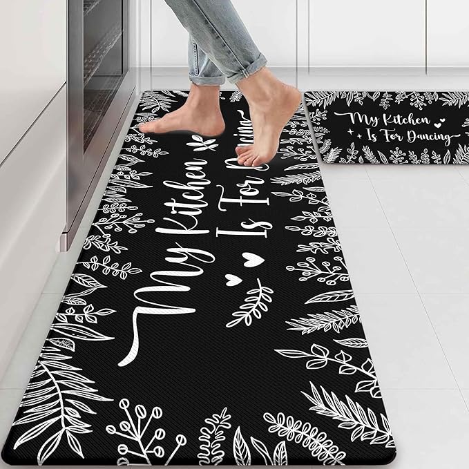 Kitchen Rug Mats for Floor Cushioned Anti Fatigue Black and White Kitchen Rugs Sets of 2 Botanical Non Slip Waterproof Comfort Memory Foam Standing Floor Mat for Office Laundry Sink Desk