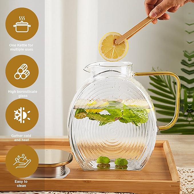 Upgraded Thickened Version 77oz Large Glass Water Pitcher with Gold Lid for Fridge Wide Handle Coffee Carafe for Party Water Jug Lemonade Iced Tea Jug Juice Sun Tea Jar for Drinks(Clear)