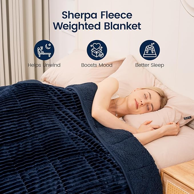 Sherpa Fleece Weighted Blanket with Ribbed Stripes for Adults, 15 lbs Dual Sided Cozy Warm Blanket for Couch Full Size Bed, Glass Beads Heavy Thick Blankets Great for Sleep, Navy Blue, 60" x 80"