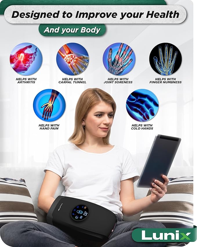 Lunix LX7 FSA Carpal Tunnel & Wrist Pain Relief Device, Heated Air Compression Hand Massager for Arthritis, Mothers Day Gifts for Women & Mom, Touchscreen, Charcoal Black
