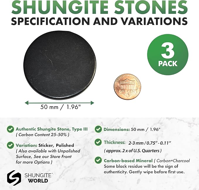 3 pcs Authentic Shungite Stickers Polished 50 mm / 1.96" Genuine Healing Energy Stone Protection Plate for Cell Phone Case Tablet Laptop Computer Noble Gemstone Protector Crystal