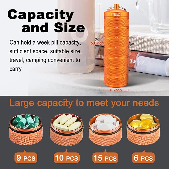 Weekly Metal Pill Organizer for Outdoor Travel, Aluminum, Waterproof, That is Shockproof and Has Large Compartments for Storing Vitamins, Fish Oil, Emergency Pills (Orange)