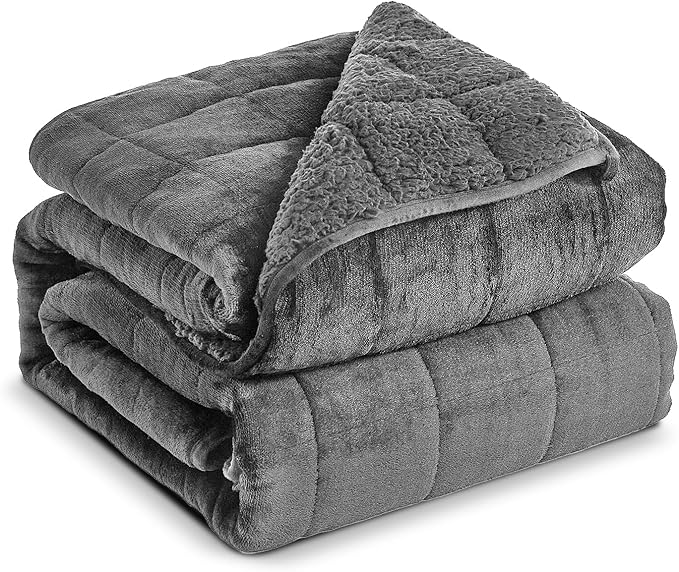 Sherpa Fleece Adult Weighted Blanket, 15 Pounds Dual Sided Soft Plush Blanket for Couch Bed Sofa, Heavy Thick Blankets with Glass Beads Great for Sleep, 48 x 72 inches, Dark Grey on Both Sides