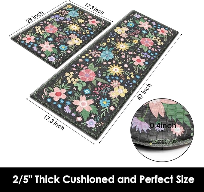 Arttown Flower Anti-Fatigue Kitchen Rug Set of 2 Floral Cushioned Floor Standing Mat Waterproof Non-Slip Mat and PVC Ergonomic Comfort Foam Rug
