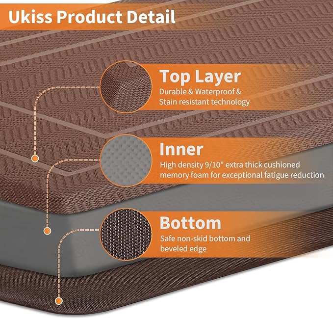 UKISS 9/10"" Extra Thick Cushioned Anti Fatigue Kitchen Mat, Waterproof High Density Foam Standing Desk Mat, Non-Slip Ergonomic Comfort Mat for Kitchen, Office,Workstation Black (Brown, 20" X 48")