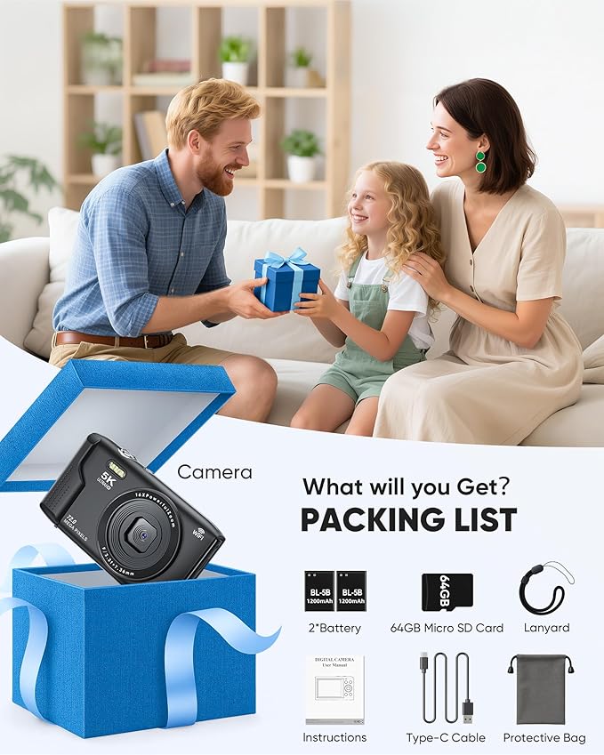 T TAKMLY Digital Camera 5K, Autofocus 16x Zoom 72MP Point and Shoot Cameras Compact Portable with Flash for Boys Girls Teens Students, Anti Shake 2.8'' Screen, 64GB Card Include