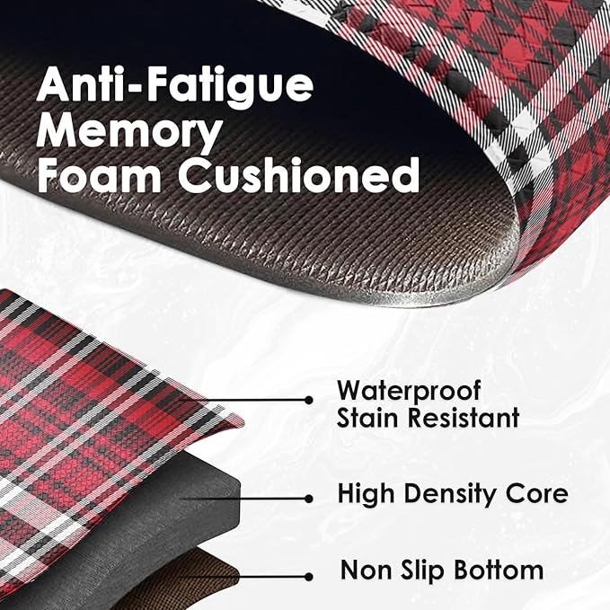 Arttown Red Anti-Fatigue Kitchen Rug Set of 2 Plaid Cushioned Floor Standing Mat Waterproof Non-Slip Mat and PVC Ergonomic Comfort Foam Rug