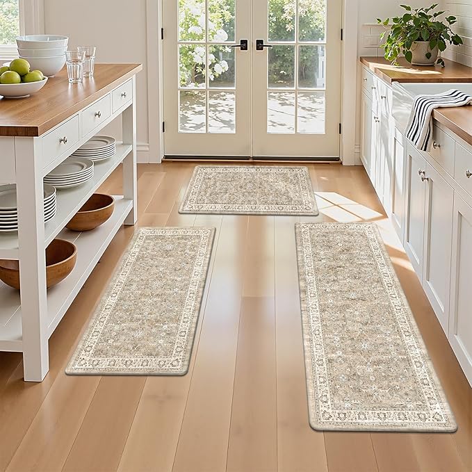 Pauwer Anti Fatigue Kitchen Floor Mats Set of 3, PVC Foam Padded Kitchen Rugs, Non Slip Cushioned Comfort Standing Mat, Waterproof Sink Rug for Small Kitchen Area, Laundry Room, Light Brown