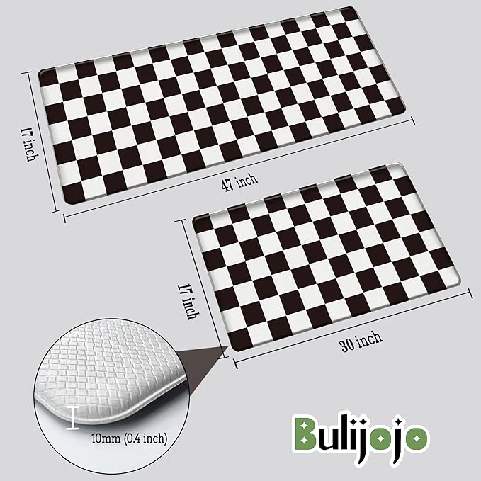 Bulijojo Buffalo Plaid Anti Fatigue Kitchen Floor Mats Set of 2 Waterproof Kitchen Sink Runner Rug Standing Mat Cushioned Kitchen Rugs Comfort Doormat 17"x47"+17"x30" Black