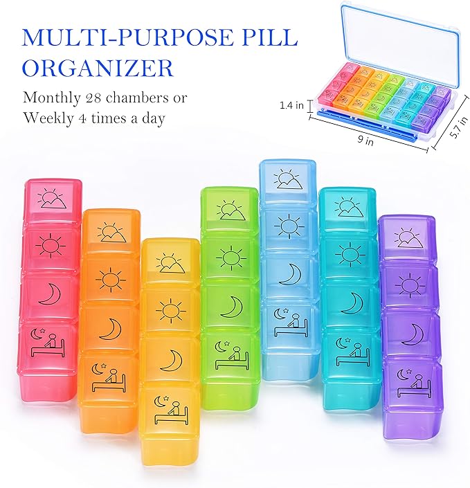 NuLeaf Pill Organizer 4 Times A Day, Large Compartments Portable 7 Day 4 Times a Day Travel Pill Organizer with Moisture-Proof Design to Hold Vitamins, Supplements and Medication