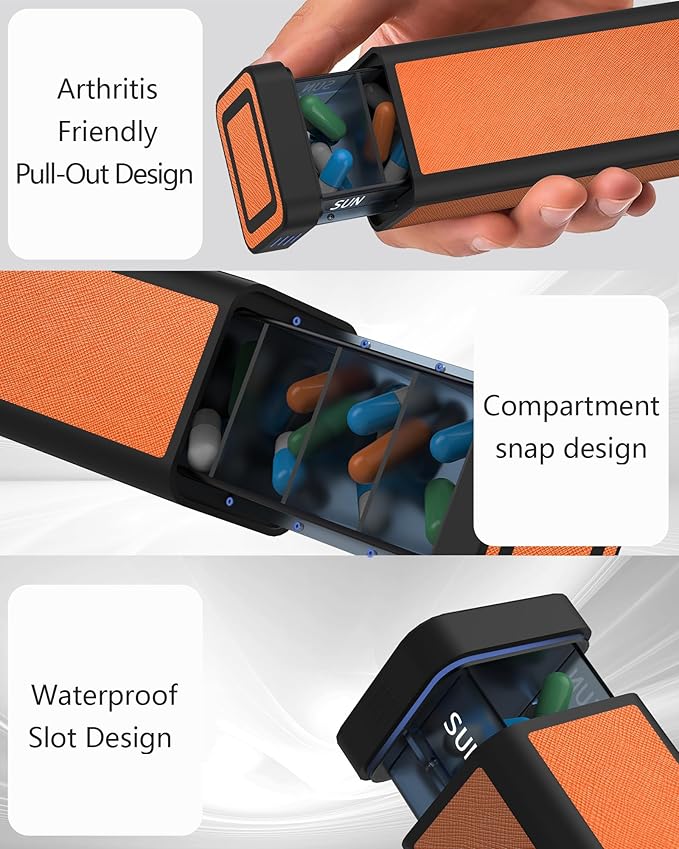Weekly Pill Organizer 7 Day, Discreet Leather Pill Case for Purse or Pocket, Easy Slide-Out Daily Medication Planner, 1 Time a Day Travel Vitamin and Supplement Holder (Orange)