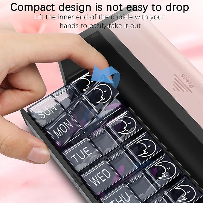 Pill Organizer 7 Day AM PM, Discreet 2 Times a Day Weekly Pill Box with Double Protection Shell, Large Capacity Portable Vitamin Case for Travel Meds & Medicine Organizer (Silver and Pink)