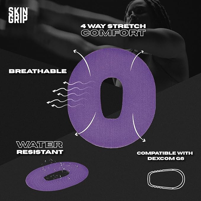 Skin Grip Adhesive Patch Compatible with Dexcom G6 Adhesive Patches Waterproof & Sweatproof with Cutout, Lasts 10-14 Days, Continuous Glucose Monitor Patch, CGM Sensor Cover – 20 Pack, Purple
