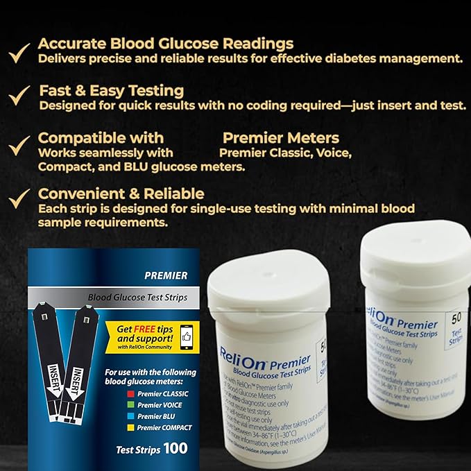 Premier Blood Glucose Test Strips 100 ct, Compatible with Premier Meters, Diabetic Test Strips | Premier Test Strips 100 Count, Bonus Diabetes Guide Included (100)