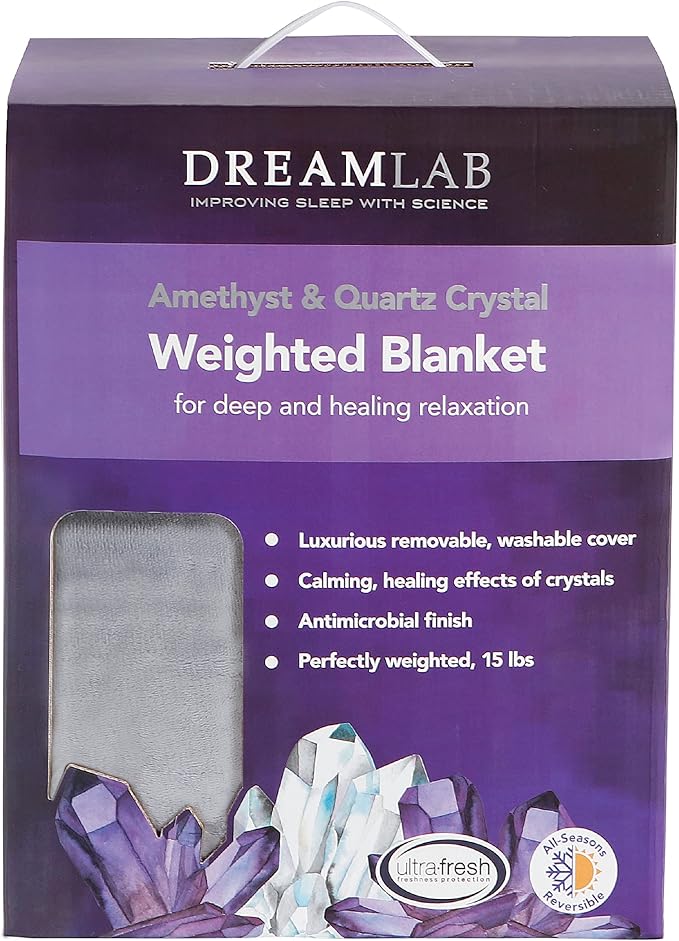 Dream Lab Amethyst and Quartz Crystal Cooling Reversible Weighted Blanket with Removable Cover, 15 Pounds, Grey