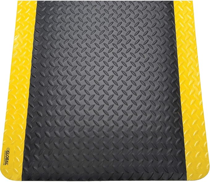 Global Industrial 36" W x 60" L Diamond Plate Ergonomic Anti Fatigue Mat with Beveled Edges, Vinyl Surface & PVC Foam Backing, 9/16" Thick, Black/Yellow Border