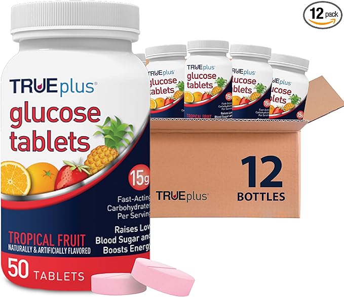 TRUEplus Glucose Tablets, Chewable, Tropical Fruit Flavor, 15g Fast-Acting Carbohydrates, Fat Free, Gluten Free, Raise Low Blood Sugar and Boost Energy, 50 Count, 12 Bottles