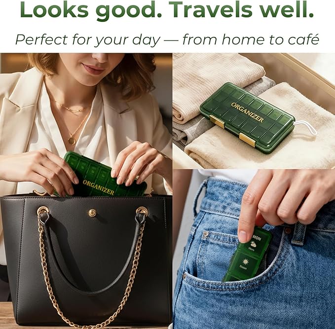 Weekly Medicine Pill Organizer 3X a Day, 7 Day 3 Times a Day Travel Pill Case for Purse, Cute Pill Box for Vitamins, Fish Oils, Supplements (Green)