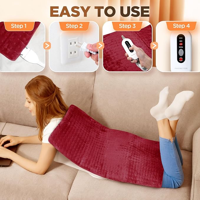 17''x33'' XXXL King Size Heating Pad with 4 Temperature Settings & 2 Auto-Off Countdown Timers, Pain Relief for Back/Neck/Shoulders/Abdomen/Legs, Christmas Gifts for mom dad (Red)
