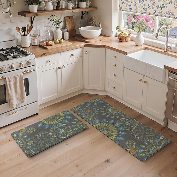 GENIMO Kitchen Mats for Floor 2PCS, Cushioned Kitchen Rugs Non Slip Washable, Farmhouse Anti Fatigue Mat Waterproof, Comfort Standing Mat Rug for Office, Home, Laundry, 17.3"x47"+17.3"x30", Green