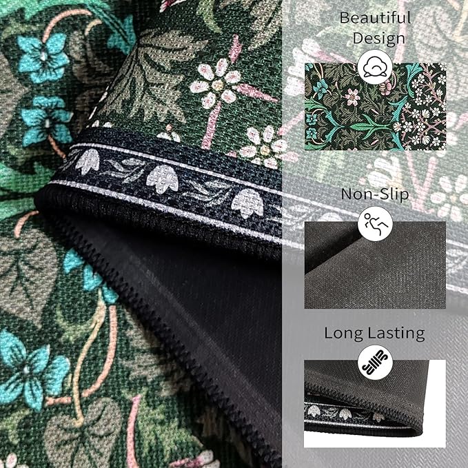 Vintage Floral Kitchen Mat Set of 2, Dark Green Floral Kitchen Rugs and Mats Non Slip Washable, Home Decor Low-Profile Kitchen Rugs for Floor (17”x30“+17''x47'')