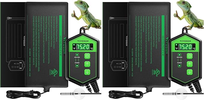 VIVOSUN Reptile Heating Pad 8x18 Inch with Thermostat Combo Under Tank Terrarium Heating Mat for Turtles, Lizards, Frogs, and Other Reptiles (Pack of 2)