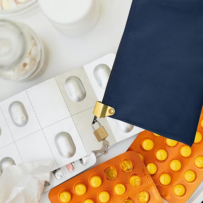 Medication Zipper Hood Security Bag with Included Padlock and Keys, Small Pill Bag, Travel Carry Pouch, Medicine Storage, 9 x 6 inches (Navy Blue)