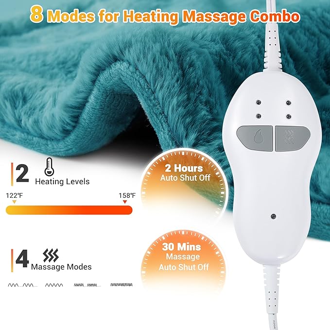 Massaging Heating Pad for Neck and Shoulders and Back, 24" x 35" Large Electric Heating Pad for Back Pain Relief with 3 Heat Levels, 4 Massage Settings, 2H Auto Shut-Off, 4 Massage Motors, Green