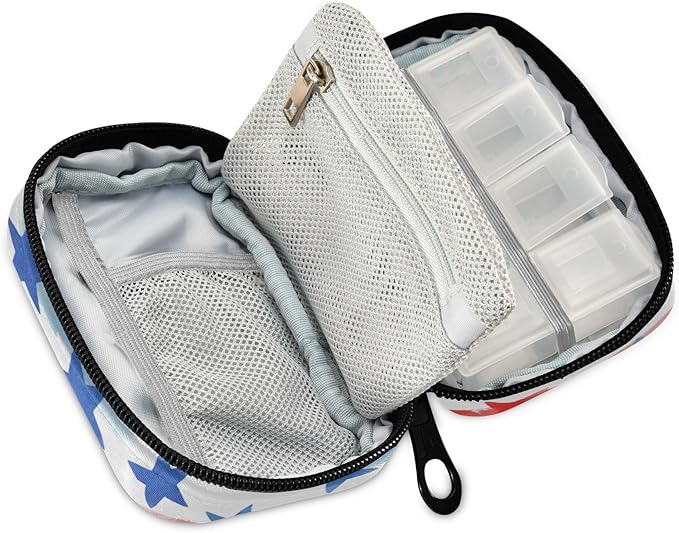 July 4th Stripes Stars White Travel Pill Organizer Case Box Container Weekly Portable Vitamin Medicine Holder Storage Bag with Zipper Removable