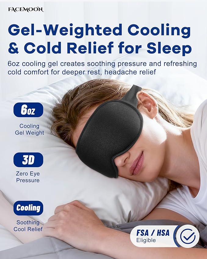 3D Weighted Cooling Gel Eye Mask for Sleeping, FSA Eligible Items HSA, 6oz Gel-Weighted Sleep Mask, 100% Blackout, Gentle Pressure & Cold Relief for Migraine, Ice Cold Gel for Puffy Eyes, Eye Care