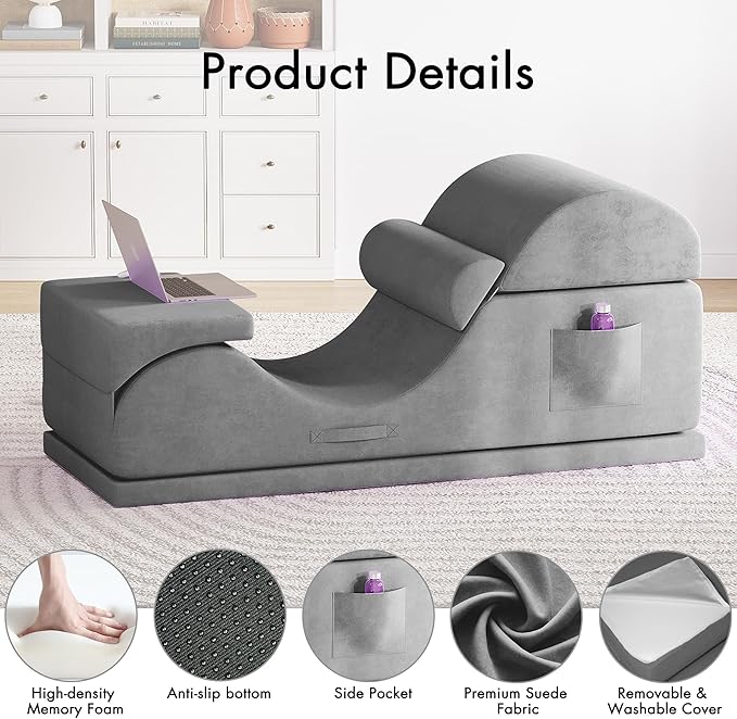 Convertible Yoga Chair for Adults, Ergonomic Foam Lounge with Lumbar Pillow, Washable Cover, Side Pocket, No Assembly Needed – Great for Exercise, Stretching & Relaxation Gray