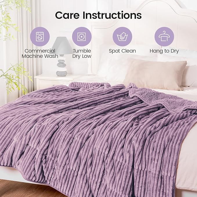 Sherpa Fleece Adult Weighted Blanket 20lbs with Ribbed Stripes, Dual Sided Fuzzy Warm Blanket for Couch Bed Sofa, Heavy Thick Blankets with Glass Beads Great for Sleep, Light Purple, 60" x 80"