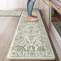 KIMODE Kitchen Mats Cushioned Anti Fatigue 2 PCS, Boho Kitchen Mats Stain Resistant, Standing Kitchen Runner Rug, Non Slip Waterproof Kitchen Sink Floor Mat, 17.3"x59"+17.3"x29", Green