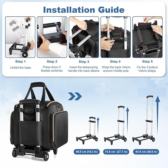 Rolling Medicine Bag for Travel, Large Pill Bottle Storage Bag on Wheels with 4 Cases and Detachable Trolley, Black