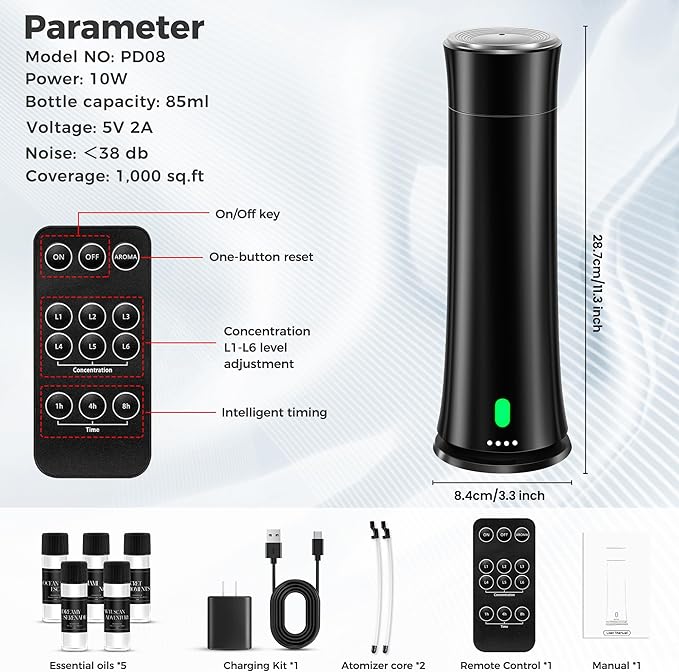 Hotel Scent Diffuser Starter Kit - 1500 Sq Ft Coverage, Hotel Scents Collection, Suitable for Waterless Diffuser Large Room, Contains Five Aromatherapy Essential Oils, Remote Control, Black