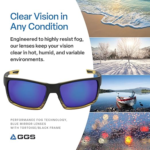 Bullhead Safety Amberjack Polarized Safety Glasses with Performance Fog Technology, Blue Light Glasses with UV Light Protection and Anti-Scratch Coating, Blue Mirror Lenses, Tortoise/Black Frame