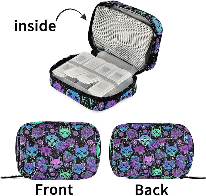 Travel Pill Organizer Bag Weekly Pill Organizer Case Psychedelic Fox Camellia Purple Portable Small Daily Pill Boxes for Vitamin Fish Oils Supplement Holder with Zipper Compact Size