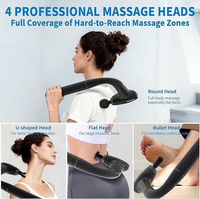 Massage Gun Deep Tissue with Extension Handle Professional Percussion 3-in-1 Detachable Back Massager for Pain Relief,Muscle Relief Massager for Shoulder Back Thigh Waist&Neck (Dark Black)