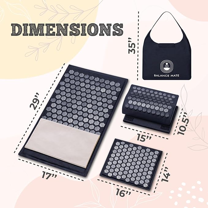 BalanceMate™ Acupressure Mat Set with 6,210 Pressure Points for Pain Relief and Relaxation Kit for Back, Neck, and Sleep – Yoga and Meditation Pillow (Deep Black)