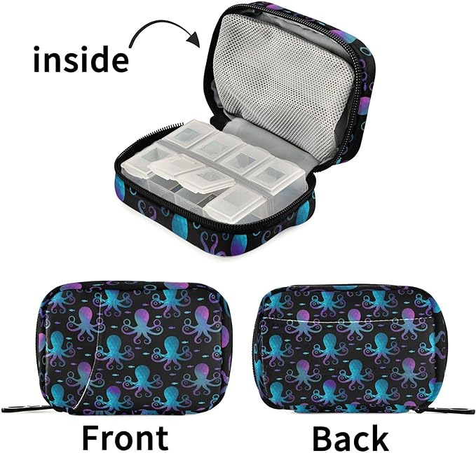 Travel Pill Organizer Bag Weekly Pill Organizer Case Gradient Octopus Fish Portable Small Daily Pill Boxes for Vitamin Fish Oils Supplement Holder with Zipper Compact Size